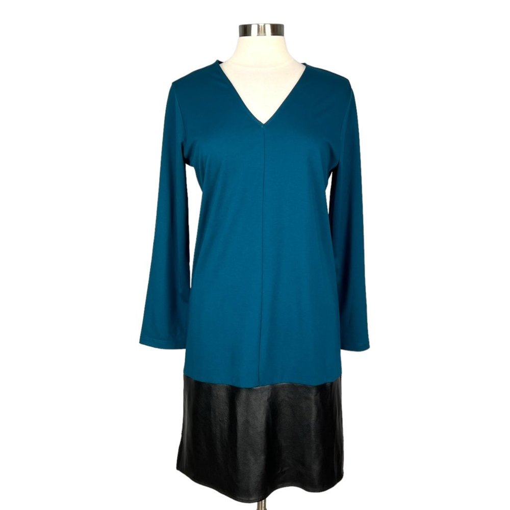 Natori Teal Black Double Knit Dress Faux Leather Trim size Small